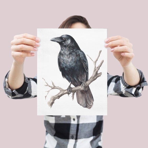 Watercolor Black Crow Wall Art Print Unframed - Black Bird Illustration Artwork - Picture 4 of 6